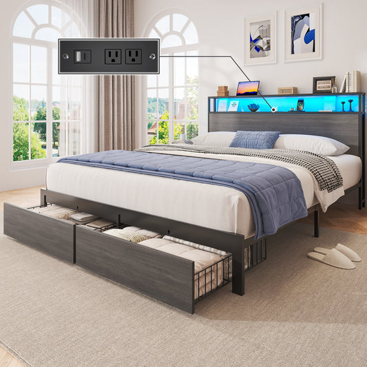 Lifezone Queen Bed Frame with 2-Tier Storage Headboard, Metal Bed Frame with Storage Drawers, Built-in Charging Station & LED Lights, Noise-Free, No Box Spring Needed, Easy Assembly, Rustic Grey