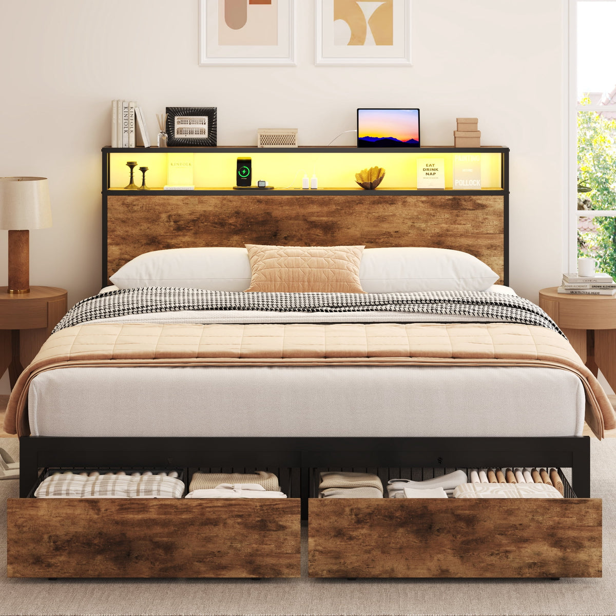 Lifezone Queen Bed Frame with 2-Tier Storage Headboard, Metal Bed Fram ...
