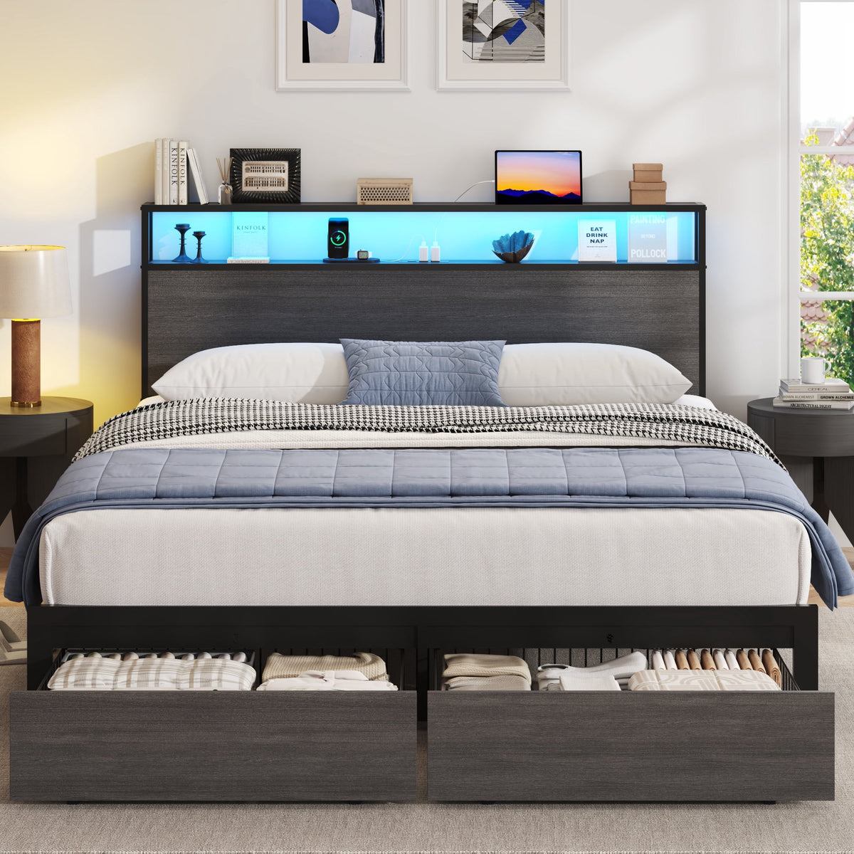 Lifezone Queen Bed Frame with 2-Tier Storage Headboard, Metal Bed Frame with Storage Drawers, Built-in Charging Station & LED Lights, Noise-Free, No Box Spring Needed, Easy Assembly, Rustic Grey