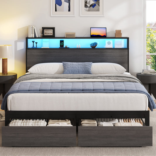 Lifezone Queen Bed Frame with 2-Tier Storage Headboard, Metal Bed Frame with Storage Drawers, Built-in Charging Station & LED Lights, Noise-Free, No Box Spring Needed, Easy Assembly, Rustic Grey