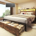 Lifezone Queen Bed Frame with 2-Tier Storage Headboard Platform Bed with Built-in Charging Station & LED, Foot-board Storage Drawers, Metal Support, No Spring Box Needed, Rustic Brown