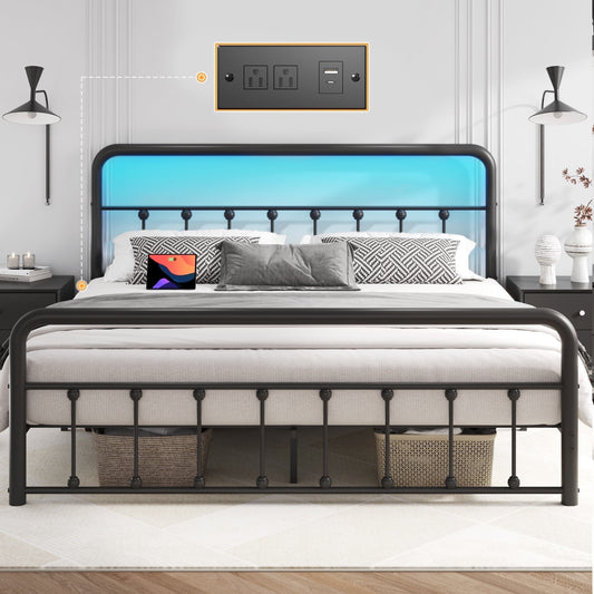 Lifezone Queen Bed Frame, Classic Metal Platform Bed Frame, with Charging Station and LED, No Need for Springs, Black