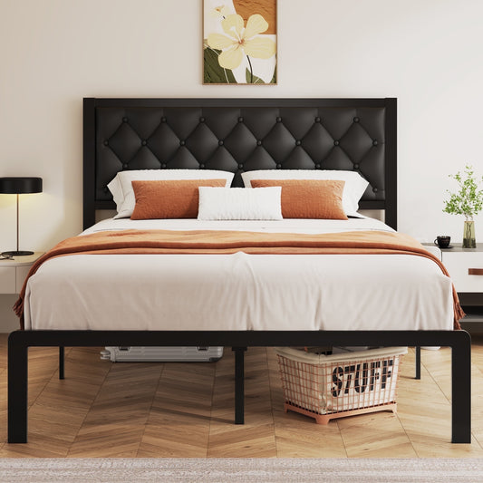 Lifezone Queen Bed Frame with Linen Upholstered Headboard, Metal Support, No Box Spring Needed, Black