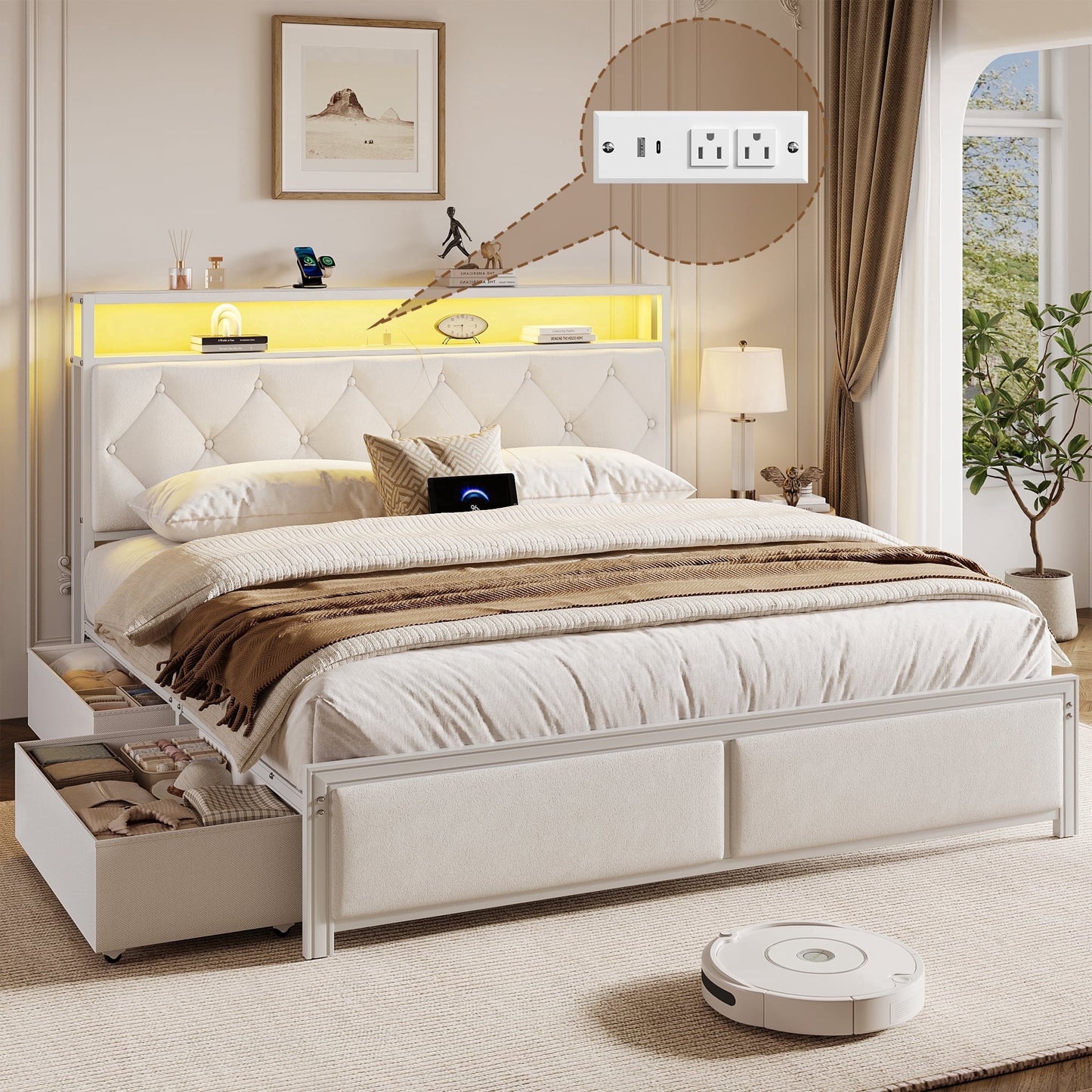 Lifezone Queen Bed Frame with Headboard, Platform Bed Frame with 4 Storage Drawers, Charging Station & LED, Metal Support, No Box Spring Needed, Noise Free, White