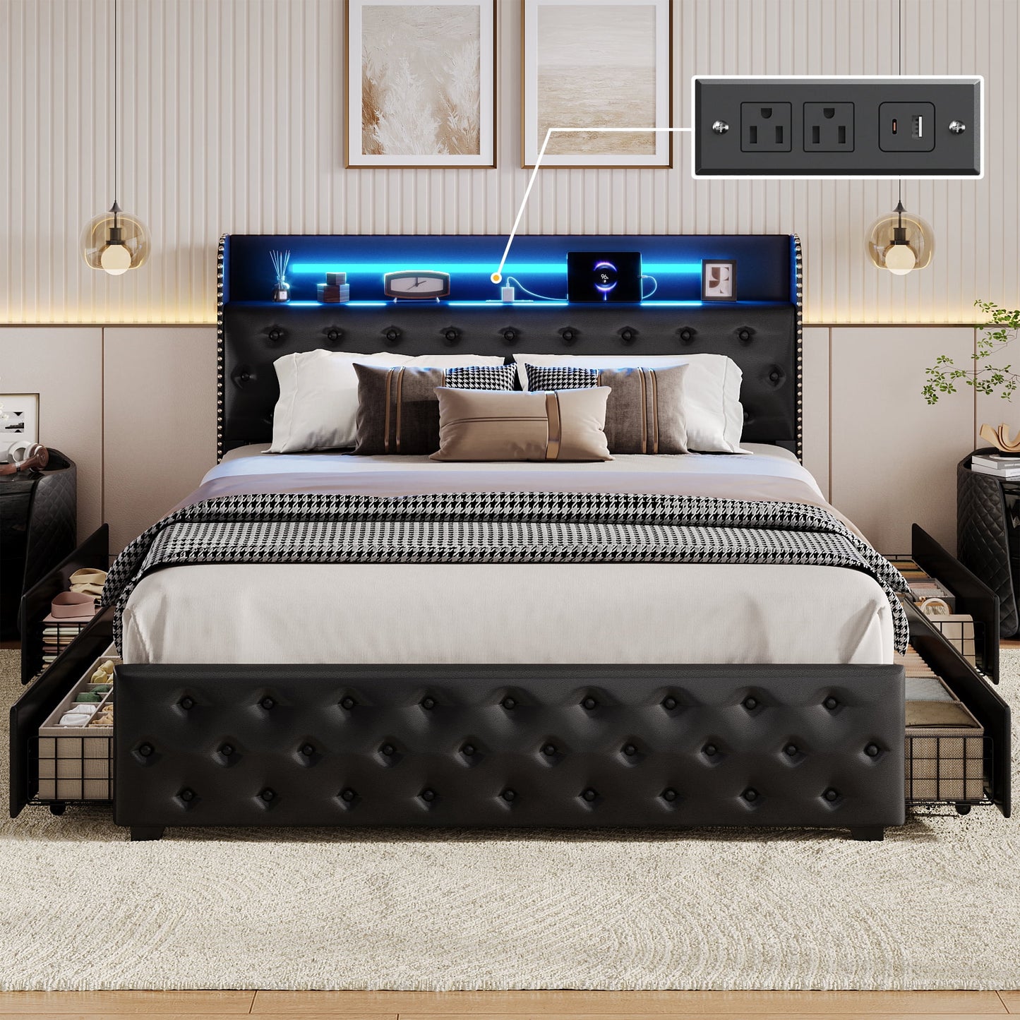 Lifezone Queen Size Upholstered Platform Bed Frame, Faux Leather Windback Headboard with Storage, 4 Drawers, LED Lights & Charging Station, Metal Slat Support, No Box Spring Required, Black