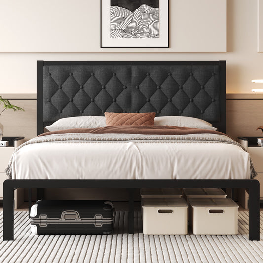 Lifezone Queen Bed Frame with Linen Upholstered Headboard, Metal Support, No Box Spring Needed, Grey