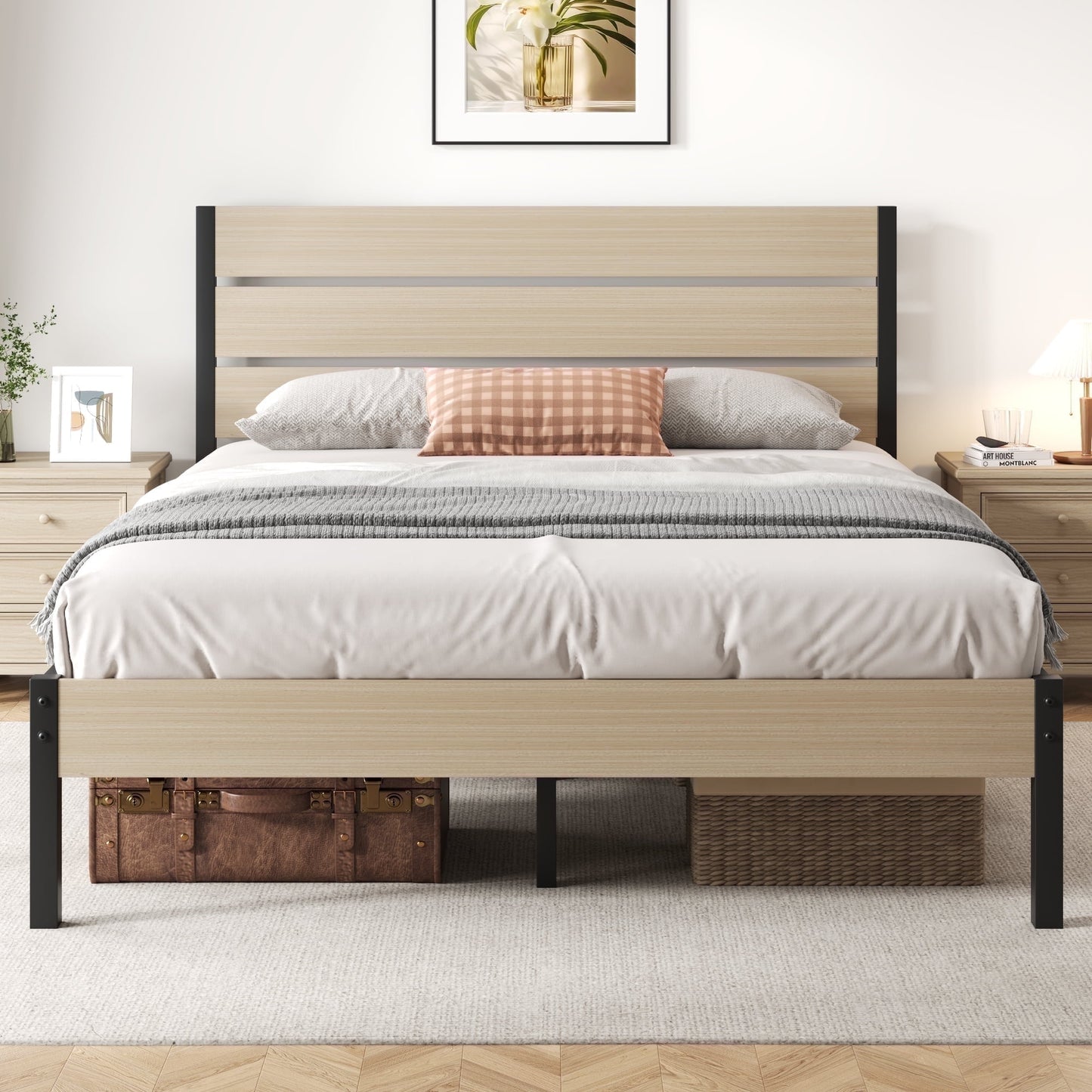Lifezone Queen Bed Frame with Rustic Vintage Wood Headboard and Footboard, Metal Support, Beige