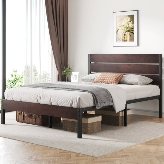 Lifezone Queen Bed Frame with Rustic Vintage Wood Headboard and Footboard,Metal Support, VintageBrown