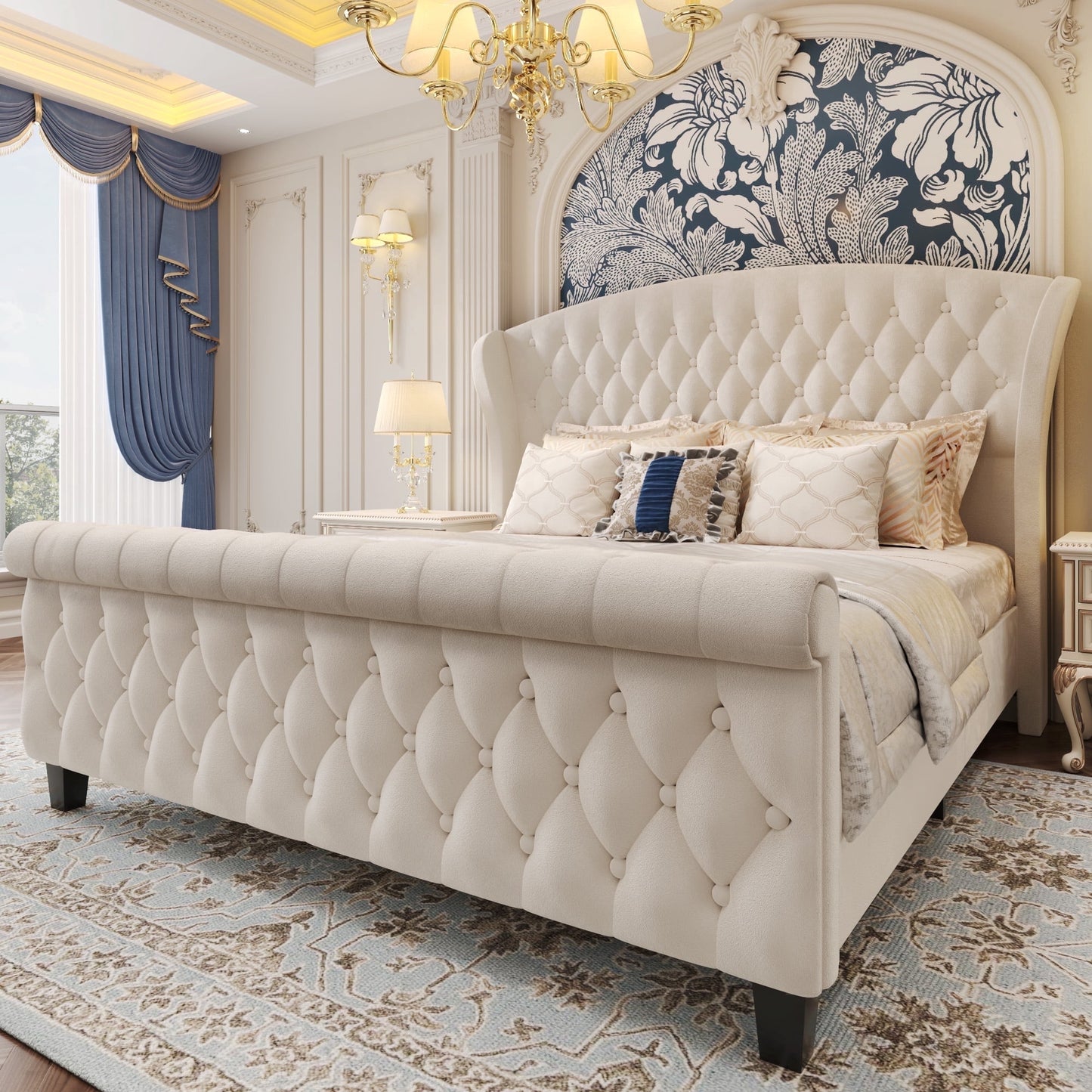 Lifezone Queen Bed Frame with Scroll Wingback Headboard, 52.5" Tall Velvet Upholstered Sleigh Bed Frame, Easily Assemble No Box Spring Needed, White