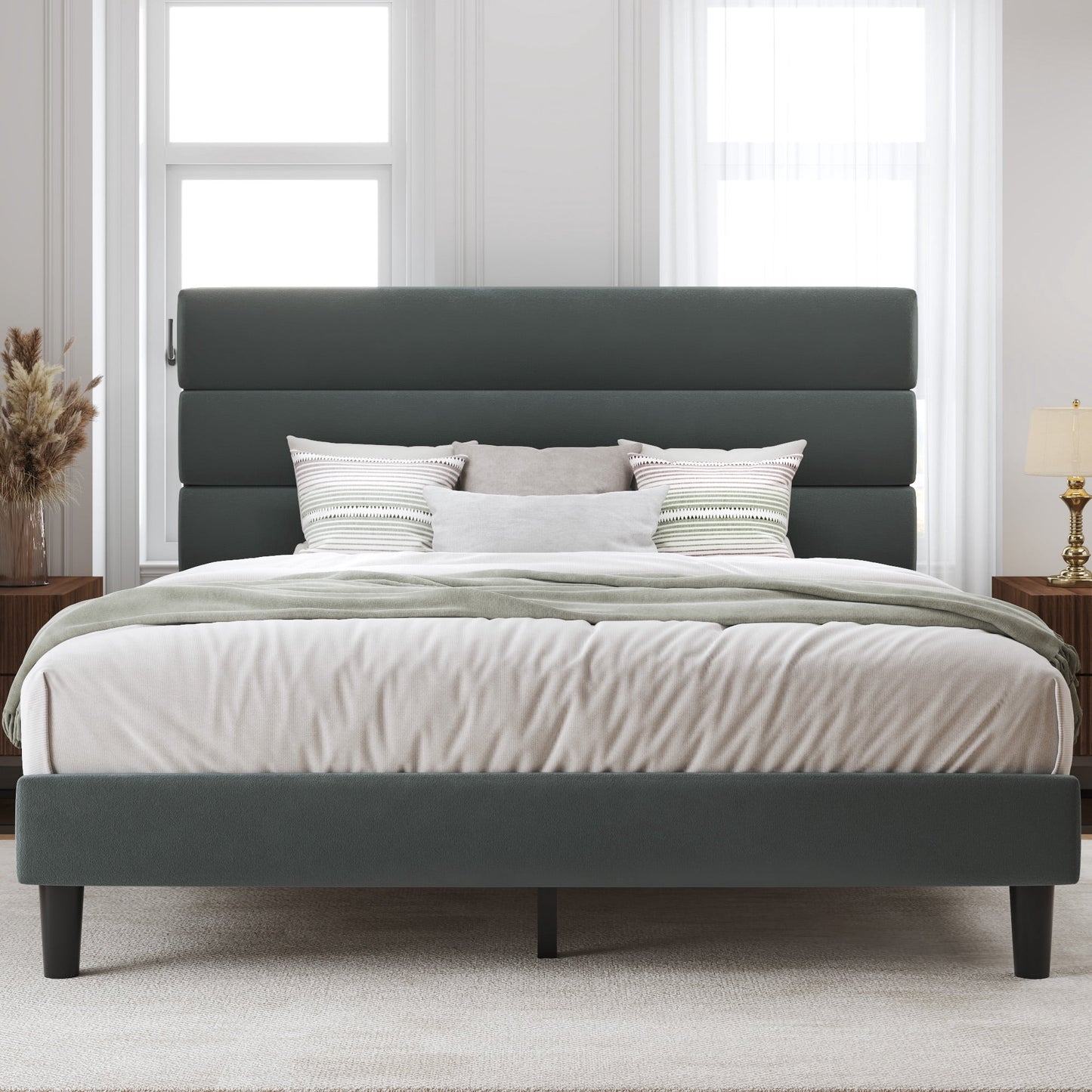 Lifezone Queen Bed Frame with Velvet Upholstered Headboard, Metal Support, No Box Spring Needed, Noise Free, Easy Assembly, Grey