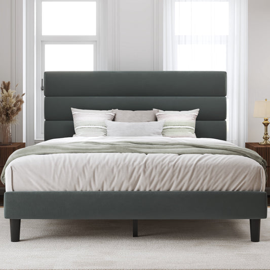 Lifezone Queen Bed Frame with Velvet Upholstered Headboard, Metal Support, No Box Spring Needed, Noise Free, Easy Assembly, Grey