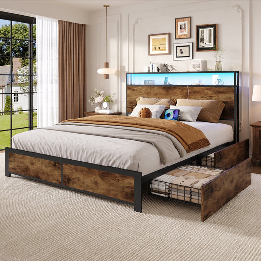 Lifezone Queen Platform Bed Frame with Headboard - Vintage Brown, 4 Storage Drawers, Built-in Charging Station & LED Lights, Sturdy Metal Support