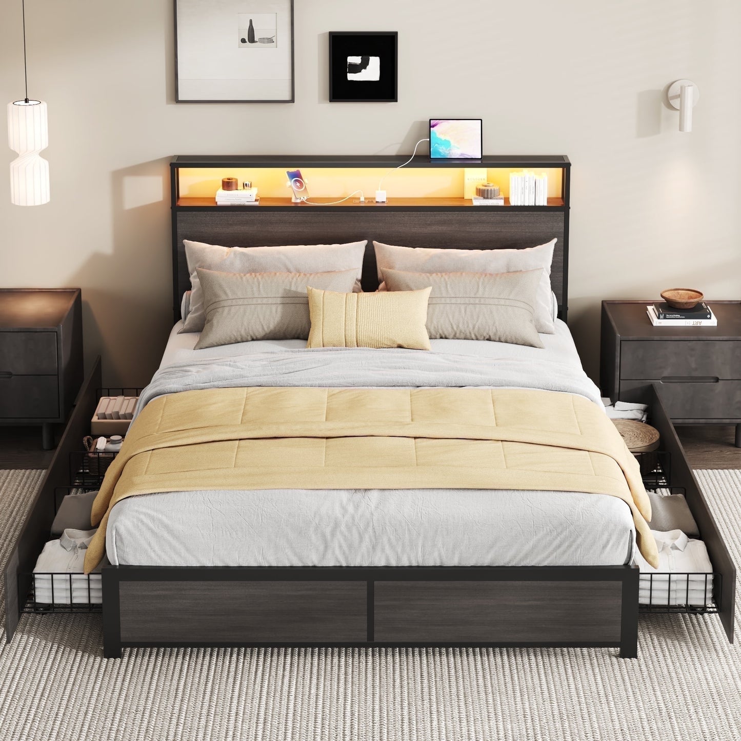 Lifezone Queen Size Bed Frame with 2-Tier Bookcase Headboard Platform Bed with Charging Station & LED, 4 Storage Drawers, Metal Support, No Box Spring Needed, Noise Free, Grey