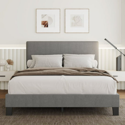 Lifezone Queen Size Light Gray Panel Bed Frame with Adjustable Headboard, Fabric Upholstered Platform Bed Frame