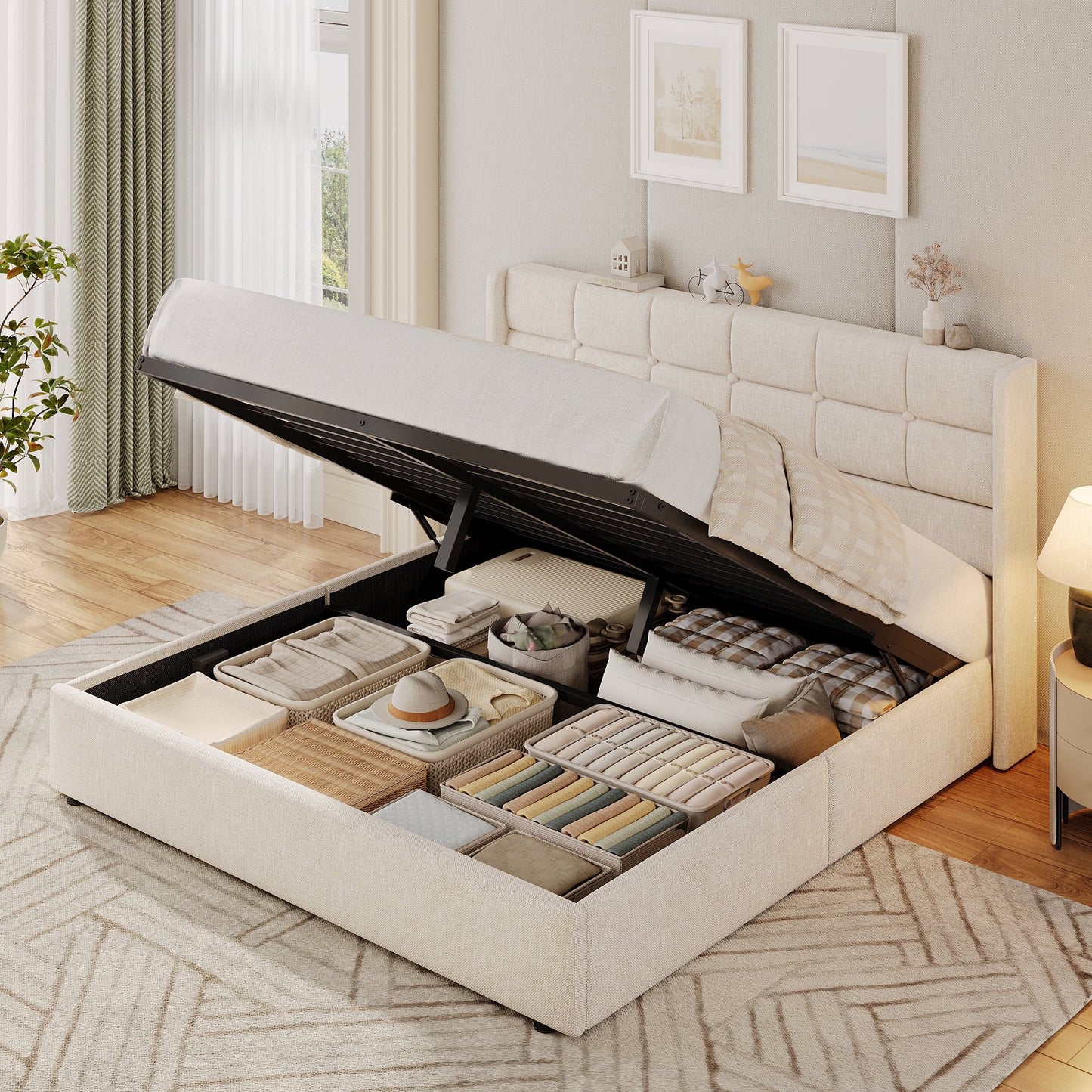 Lifezone Queen Size Upholstered Storage Bed Frame, Linen Button Tufted Wingback Headboard, Hydraulic Lift‑Up Under‑Bed Storage, Warm Beige