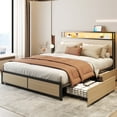Lifezone Rustic Adult Queen MDF Metal Bookcase Bed with LED Light & Drawers, Beige