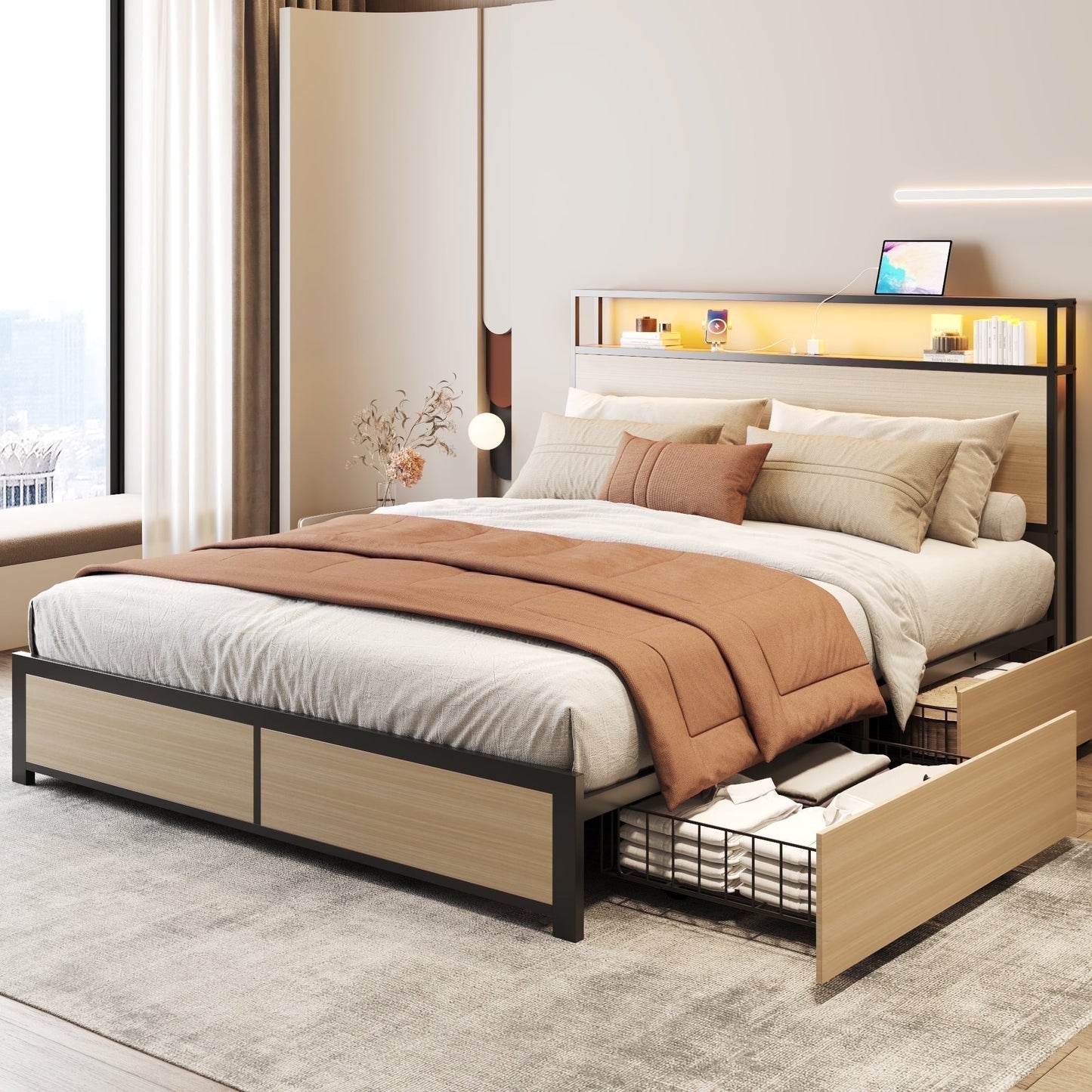 Lifezone Rustic Adult Queen MDF Metal Bookcase Bed with LED Light & Drawers, Beige