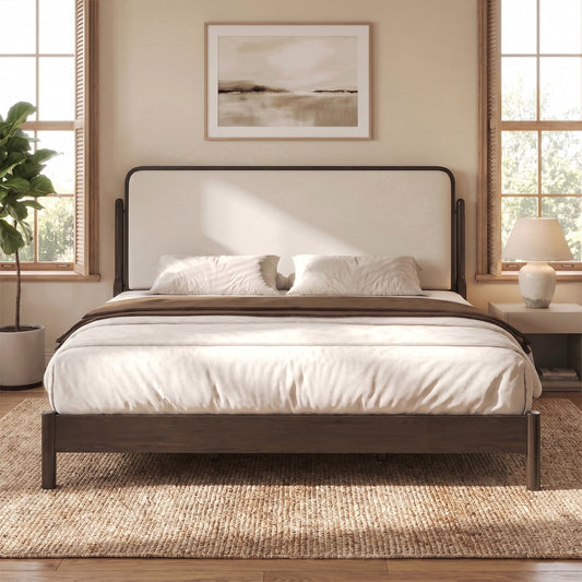 Lifezone Queen Size Solid Wood Bed Frame with Upholstered Headboard, No Box Spring Needed, Easy Assembly, Brown