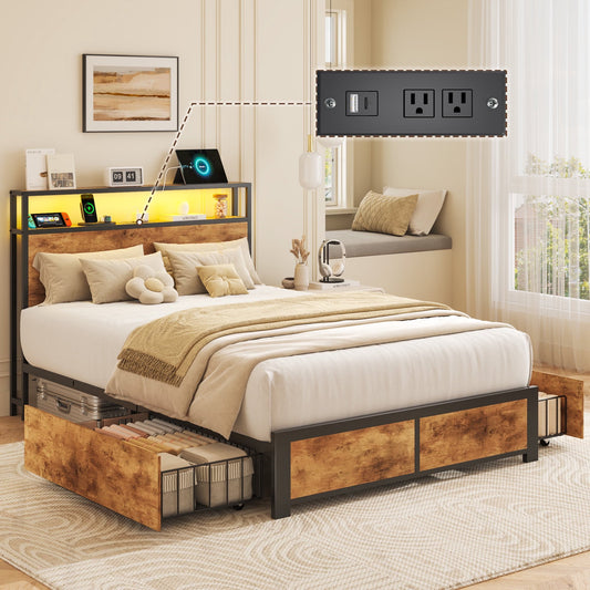 Lifezone Twin Bed Frame with 2 Storage Drawers, Platform Bed Frame with Headboard, Charging Station & LED, Metal Support, No Box Spring Needed, Noise Free, Brown