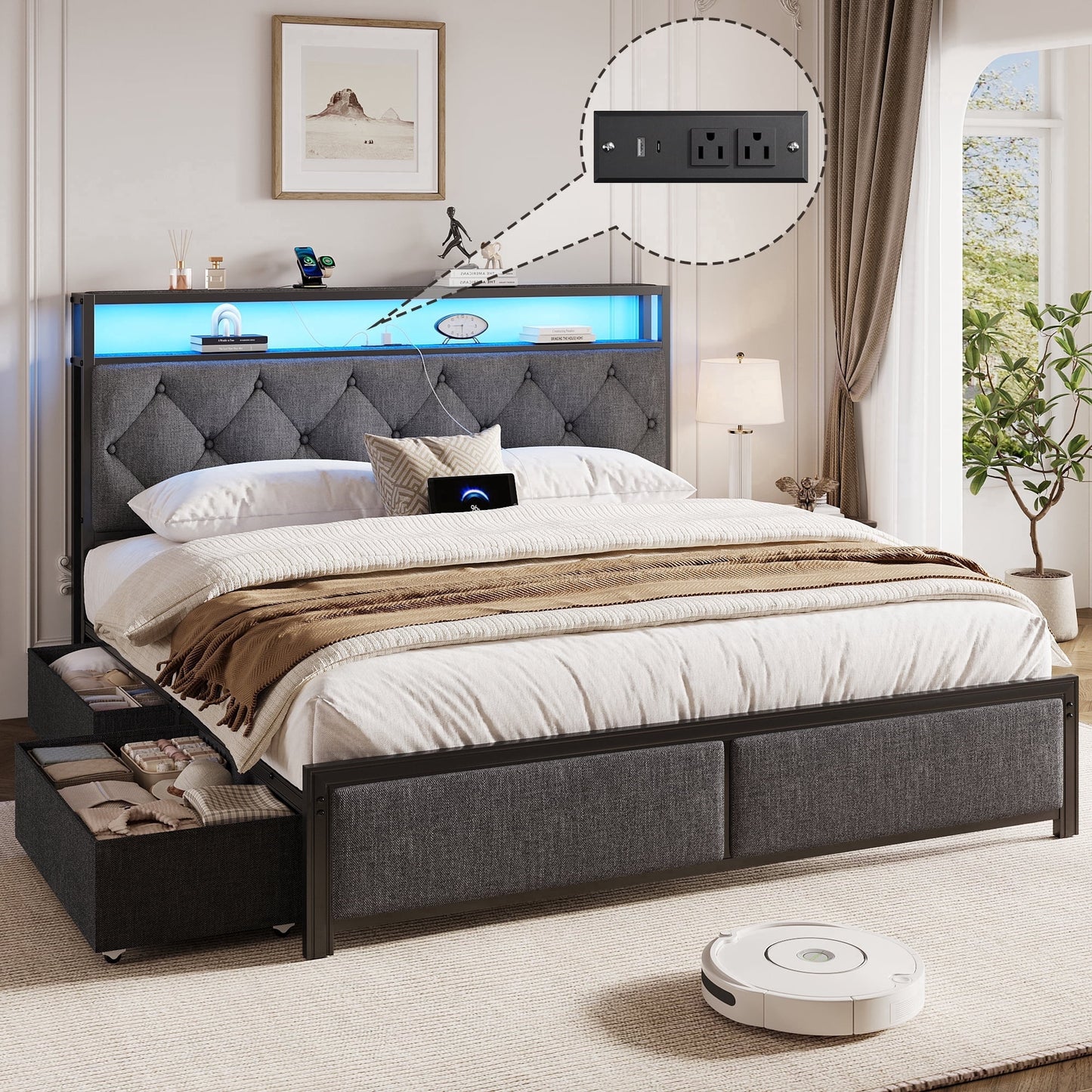 Lifezone Queen Bed Frame with Headboard, Platform Bed Frame with 4 Storage Drawers, Charging Station & LED, Metal Support, No Box Spring Needed, Noise Free, Gray
