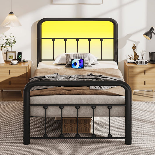 Lifezone Twin Bed Frame, Classic Metal Platform Bed Frame, with Charging Station and LED, No Need for Springs, Black