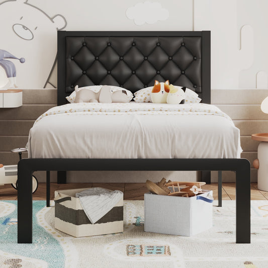 Lifezone Twin Bed Frame with Upholstered Headboard, Metal Support, No Box Spring Needed,Black