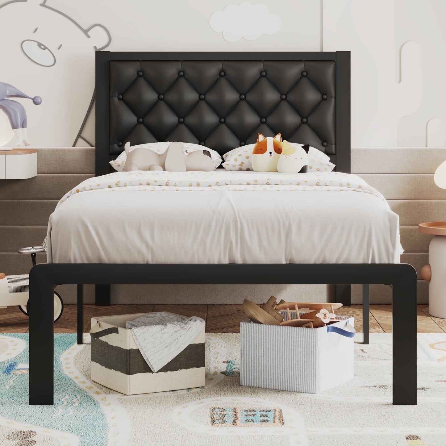 Lifezone Twin Bed Frame with Upholstered Headboard, Metal Support, No Box Spring Needed,Black