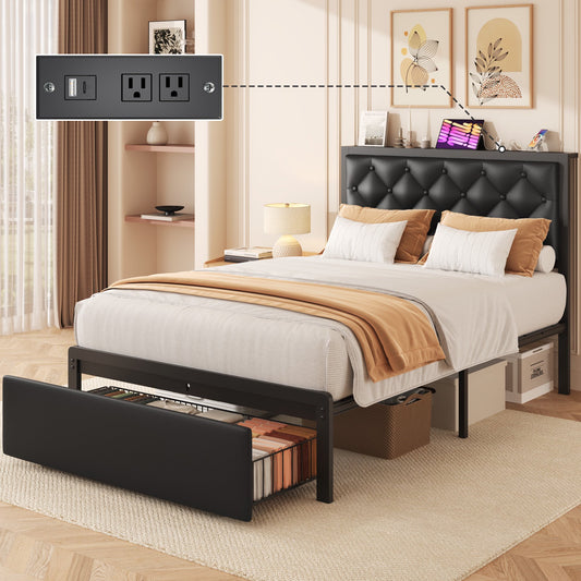 Lifezone Twin Bed Frame with Upholstered Headboard, USB Port, Large Storage Drawer, No Box Spring Needed, Easy Assembly, Black