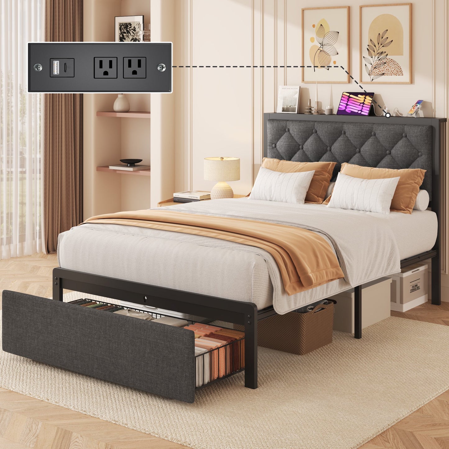 Lifezone Twin Bed Frame with Linen Upholstered Headboard, USB Port, Large Storage Drawer, No Box Spring Needed, Easy Assembly, Grey