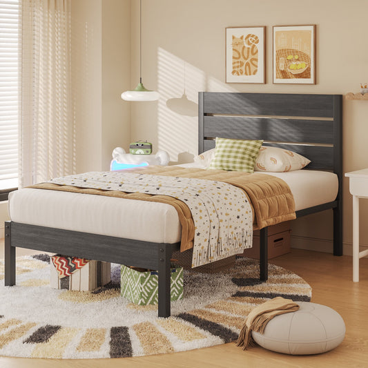 Lifezone Twin Bed Frame with Rustic Vintage Wood Headboard and Footboard,Metal Support,Gray