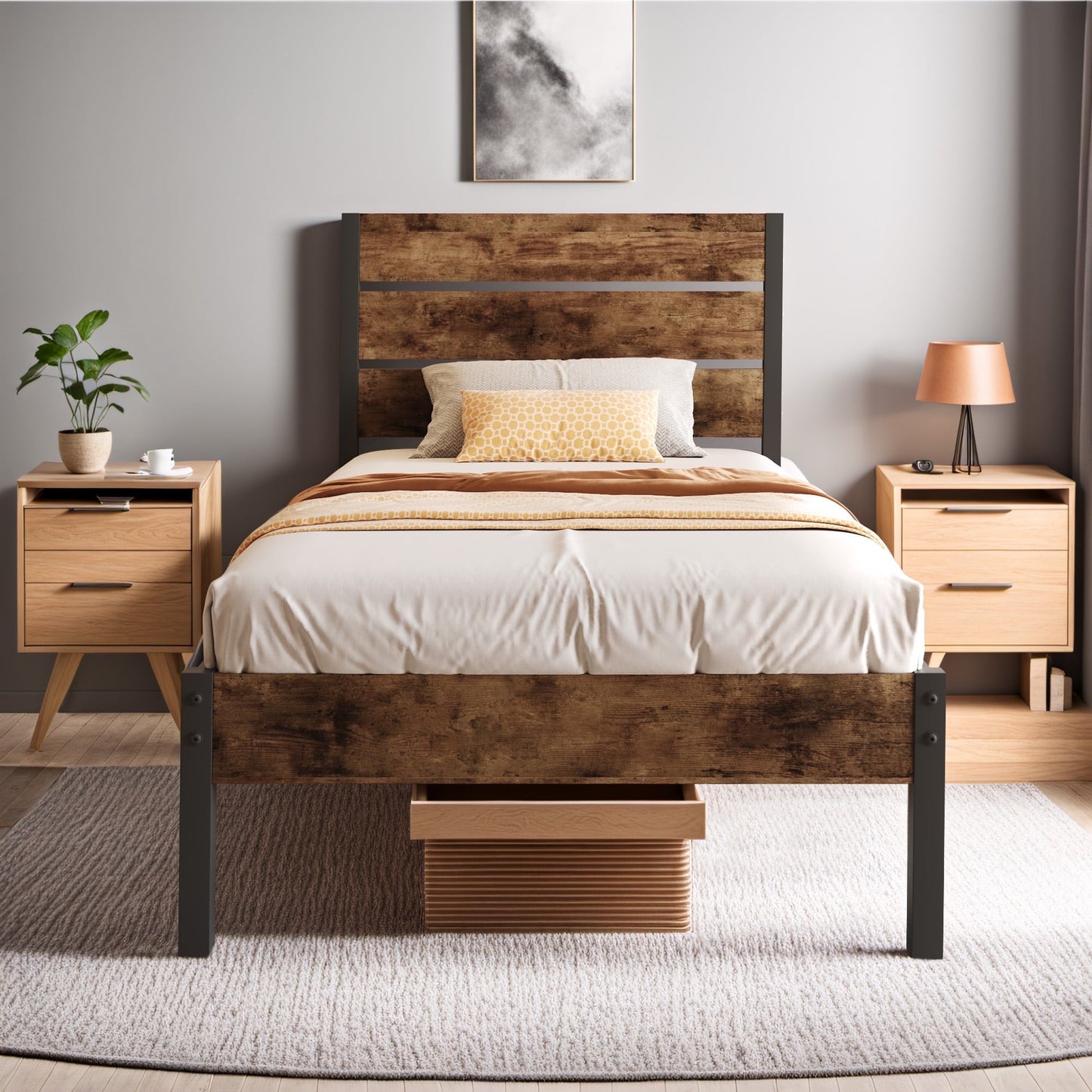 Lifezone Twin Bed Frame with Rustic Vintage Wood Headboard and Footboard,Metal Support,Rustic Brown