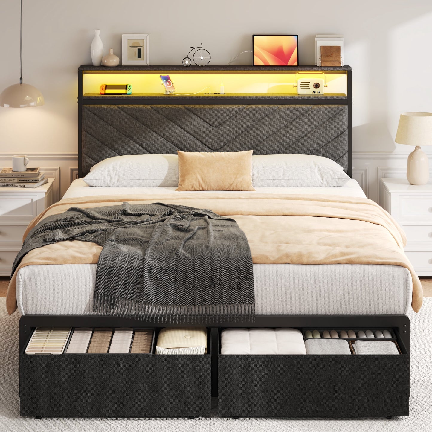 Lifezone Twin Bed Frame with Two-Tier Storage Headboard, USB Port and LED Light, Two Storage Drawers, Grey