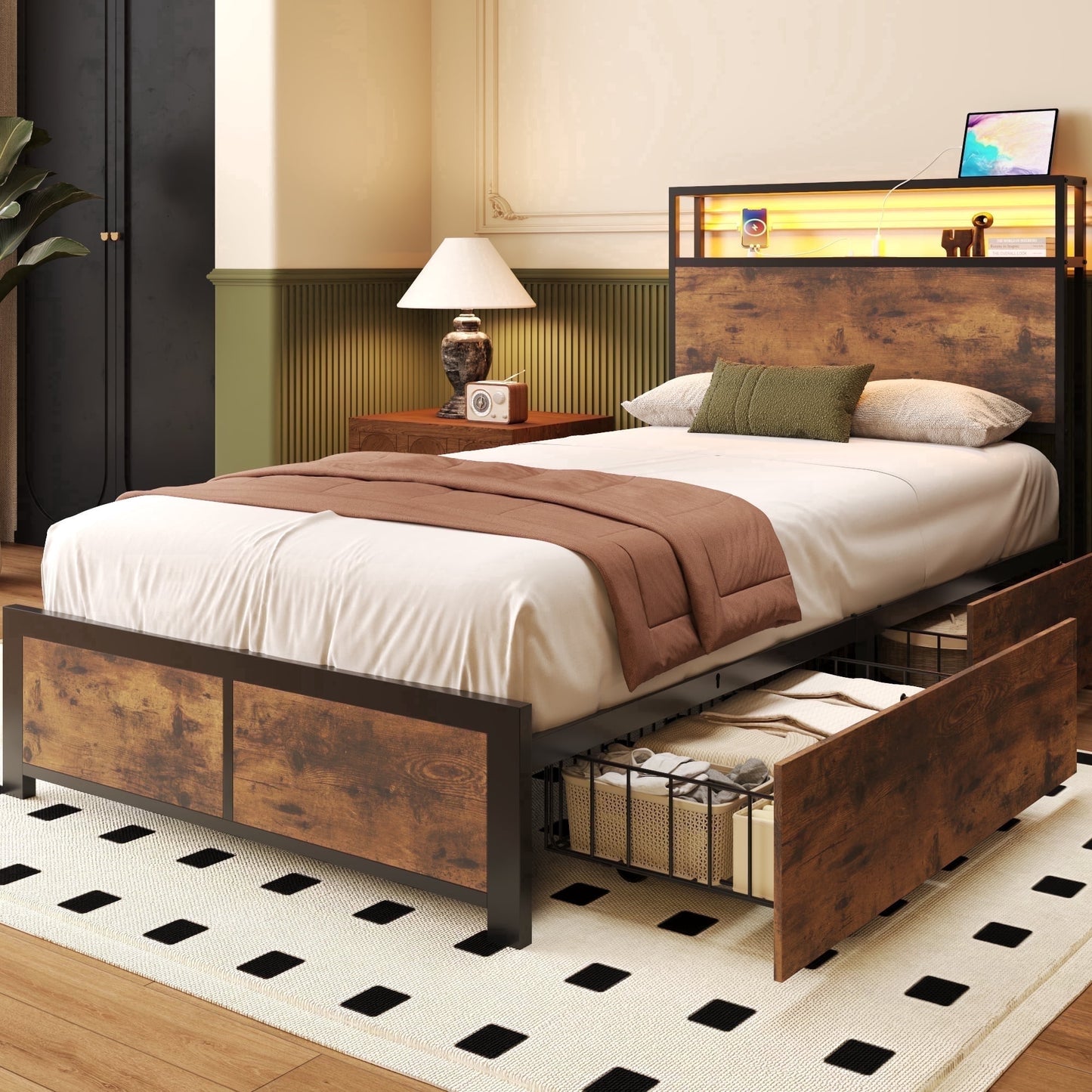 Lifezone Twin Size Bed Frame with 2-Tier Bookcase Headboard Platform Bed with Charging Station & LED, 4 Storage Drawers, Metal Support, No Box Spring Needed, Noise Free, Brown