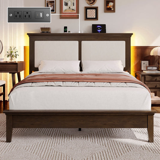 Lifezone Queen Solid Wood Platform Bed Frame, White Diamond Tufted Upholstered Headboard with LED Light, Noise-Free, Brown