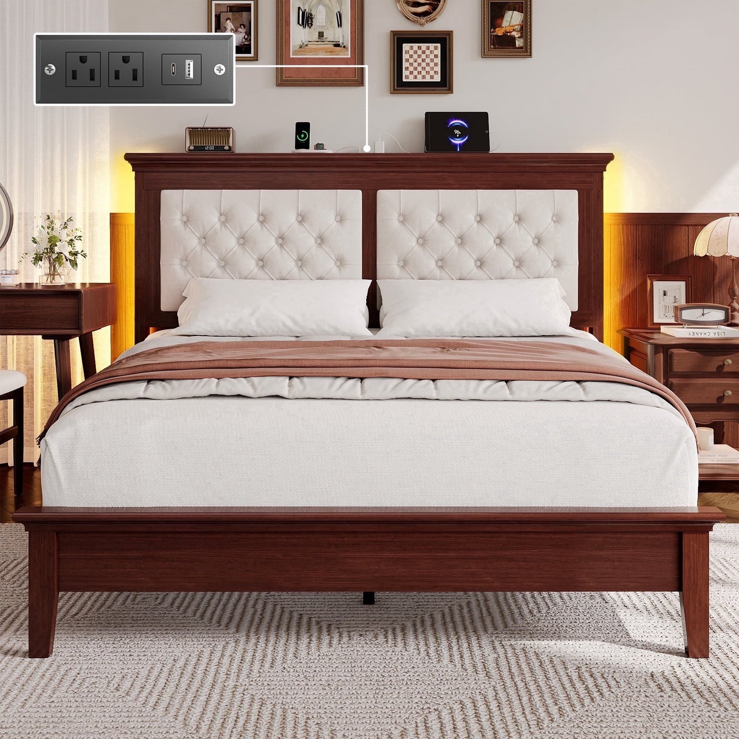 Lifezone Queen Solid Wood Platform Bed Frame, White Diamond Tufted Upholstered Headboard with LED Light, Noise-Free, Reddish Brown
