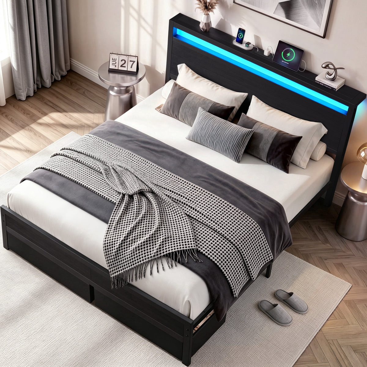 Lifezone Queen Bed Frame with Headboard, Bed Frame with Charging Station & LED Light, 2 Drawers, Storage Shelf, Noise-Free, No Box Spring Needed, Easy Assembly, Classic Black