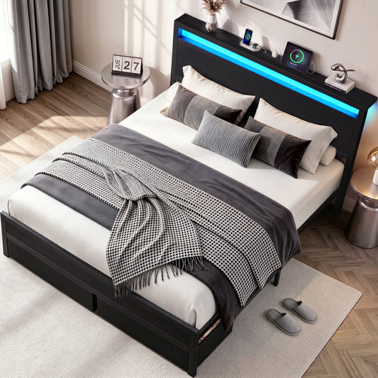 Lifezone Queen Bed Frame with Headboard, Bed Frame with Charging Station & LED Light, 2 Drawers, Storage Shelf, Noise-Free, No Box Spring Needed, Easy Assembly, Classic Black