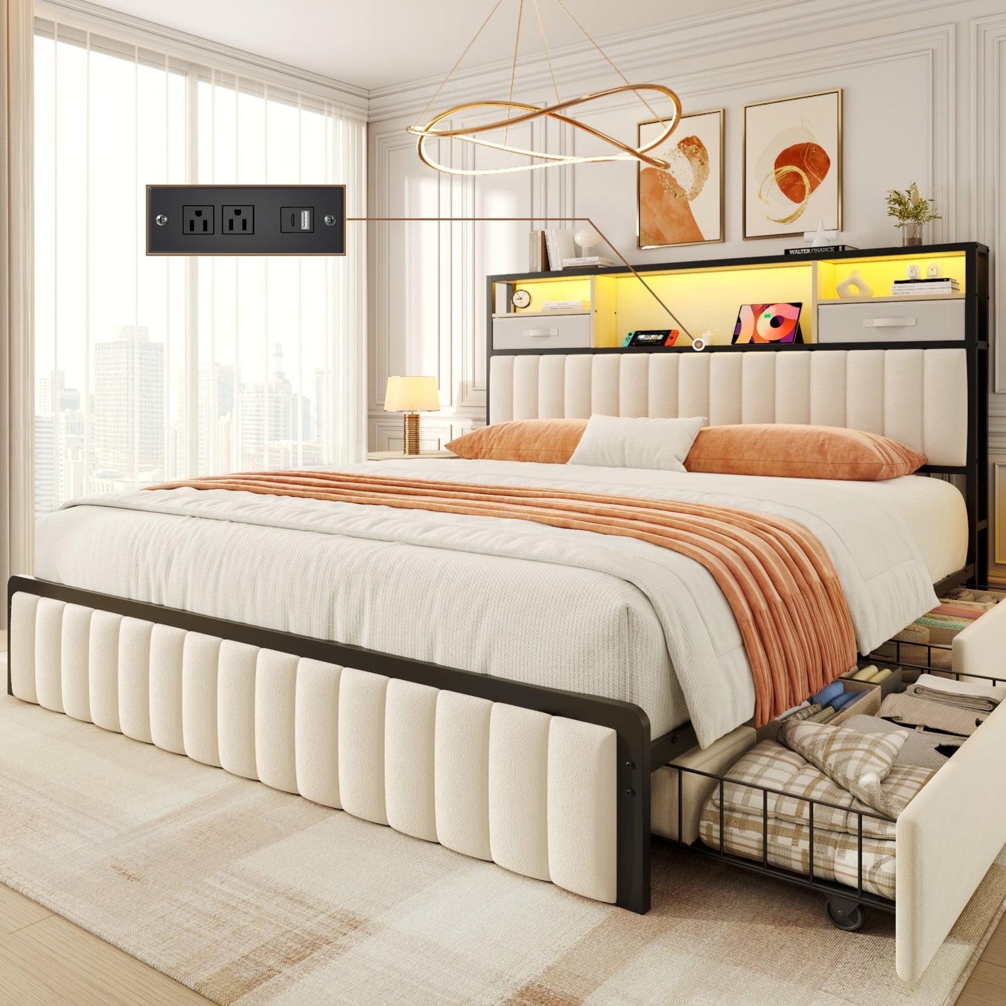 Queen Bed Frame with Storage, Upholstered Platform Bed with Headboard and 4 Drawers, LED Lights and Charging Station, Noise Free, No Box Spring Needed, Easy Assembly, Metal Support, Beige