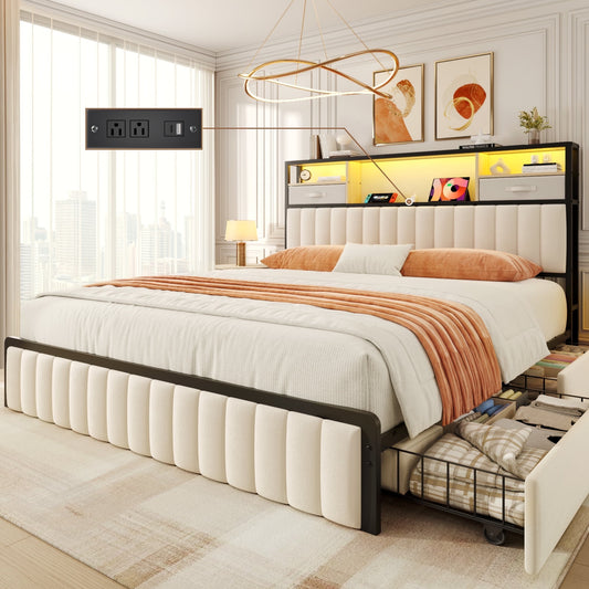 Queen Bed Frame with Storage, Upholstered Platform Bed with Headboard and 4 Drawers, LED Lights and Charging Station, Noise Free, No Box Spring Needed, Easy Assembly, Metal Support, Beige