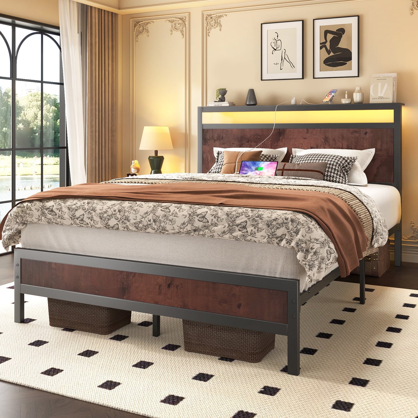 Full Bed Frame with Storage Headboard & Storage Drawer, Charging Station & LED Light, No Box Spring Needed, Noise Free, Easy Assembly, Vintage Brown