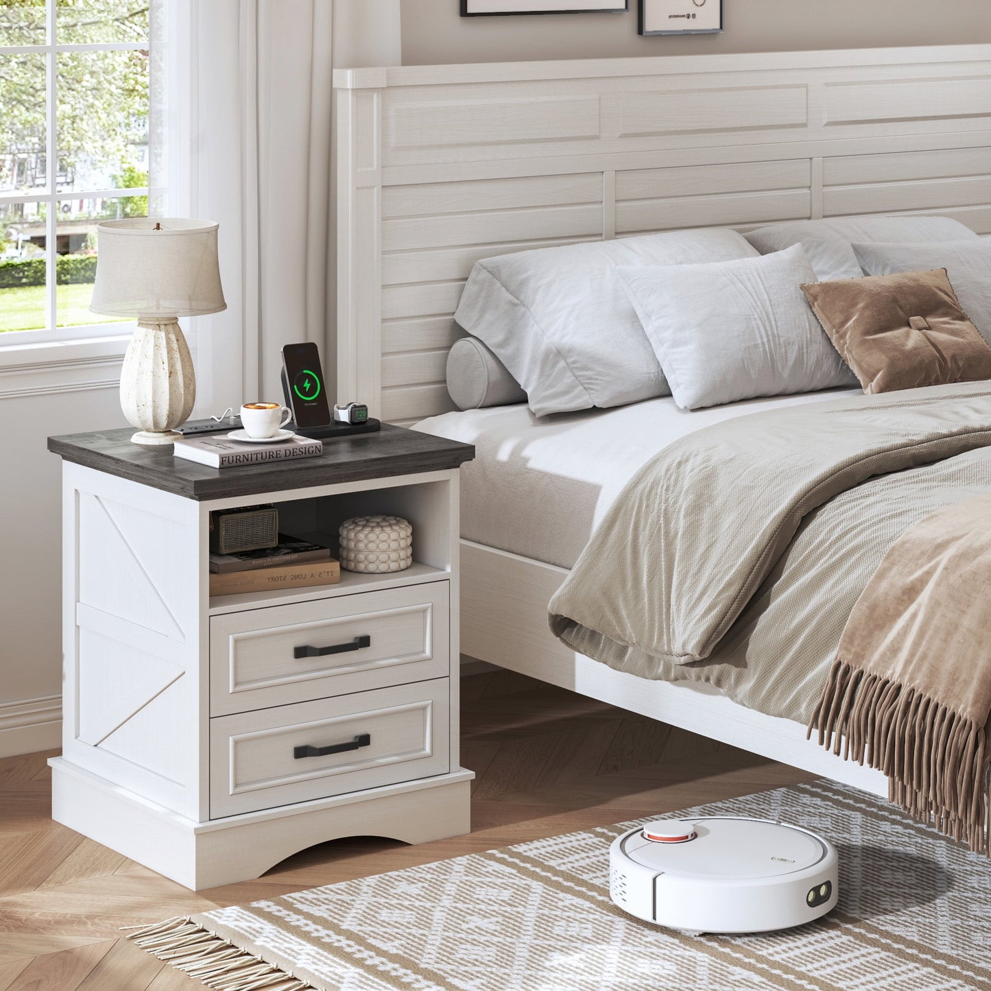 Lifezone 24” Farmhouse Rustic Nightstand - Antique White, Charging Station, Drawers & Open Storage