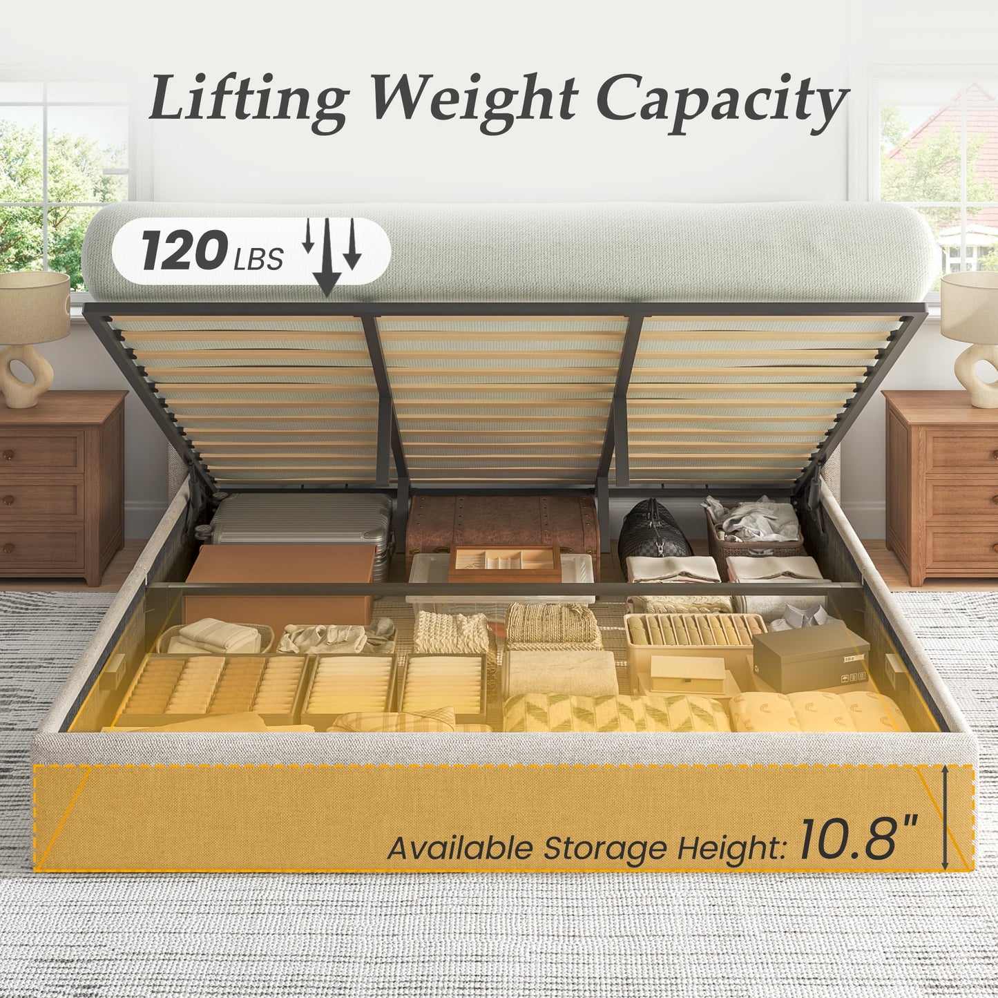 Lifezone King Linen Upholstered Storage Bed Frame with Button Tufted Wingback Headboard, Hydraulic Lift-Up Under-Bed Storage, Beige