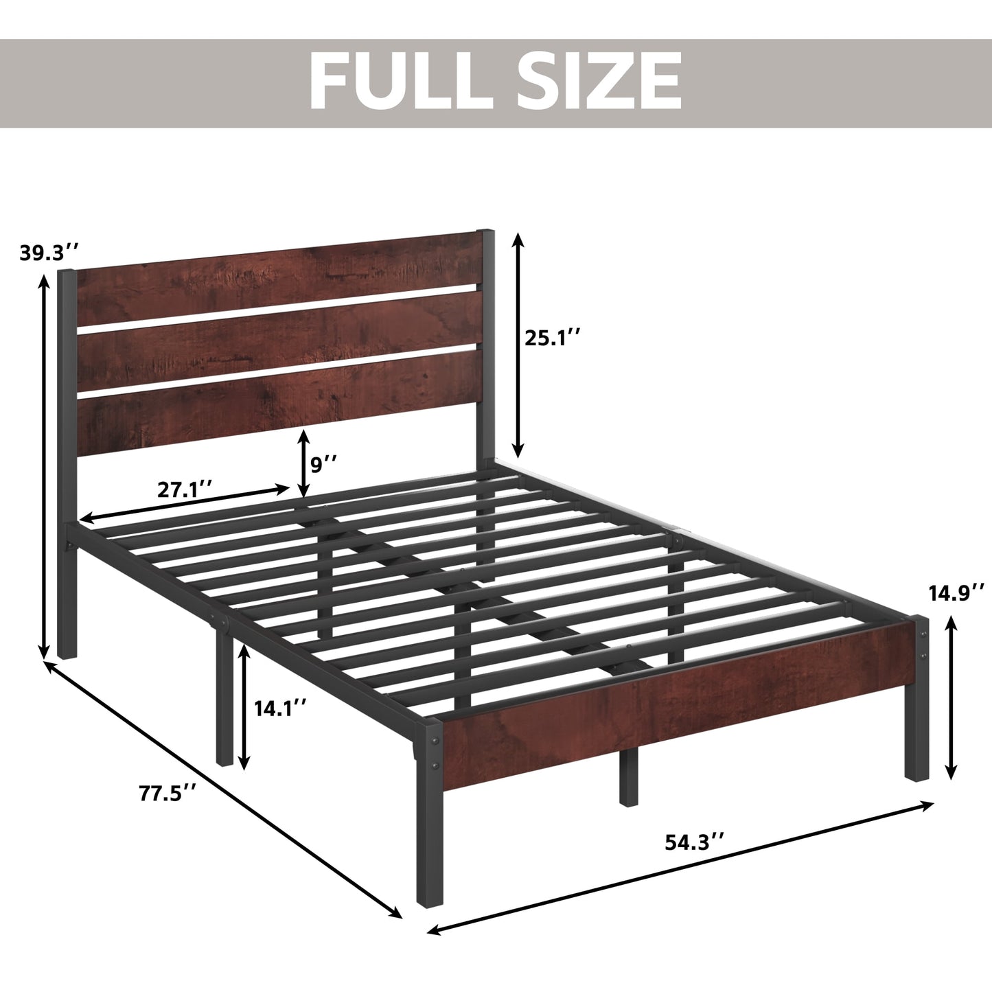 Lifezone Full Bed Frame with Rustic Vintage Wood Headboard and Footboard,Metal Support,Vintage Brown