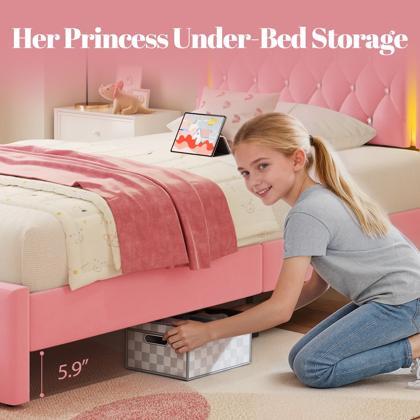 Fluest Tufted Diamond Twin Bed Frame, Pink Upholstered Headboard, USB Port, LED Light & Underbed Storage Drawer