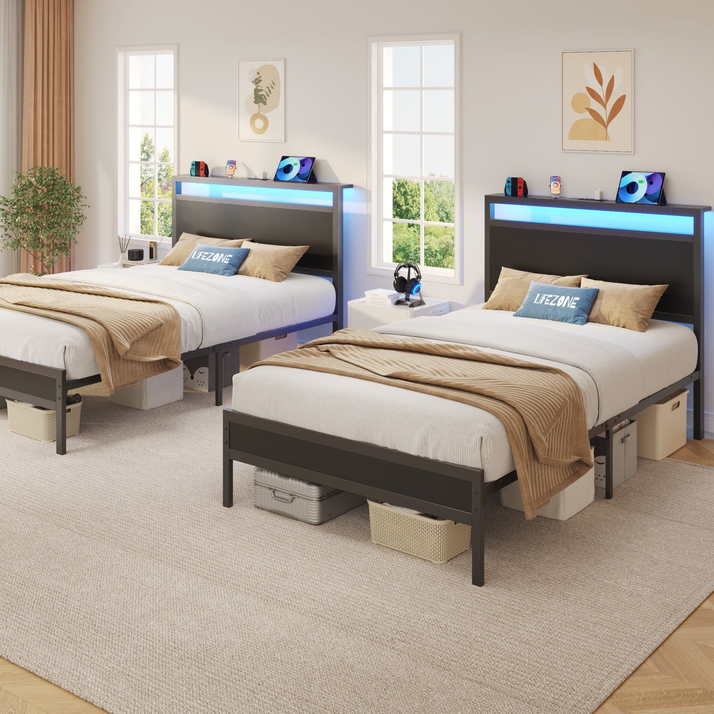 Twin Bed Frame with Headboard & Footboard, Charging Station & LED Light, Under-Bed-Storage, No Box Spring Needed, Noise Free, Easy Assembly, Black