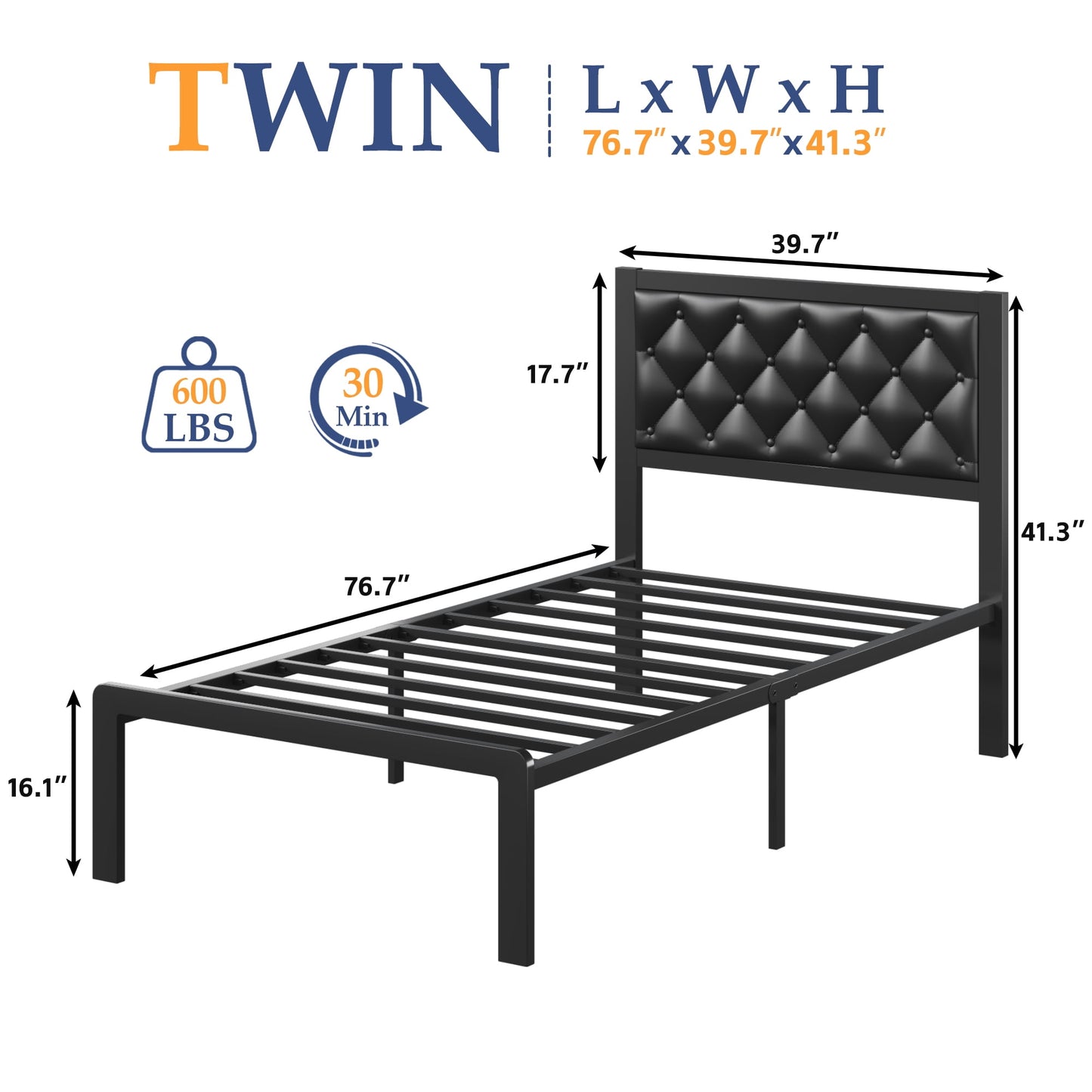 Lifezone Twin Bed Frame with Upholstered Headboard, Metal Support, No Box Spring Needed,Black