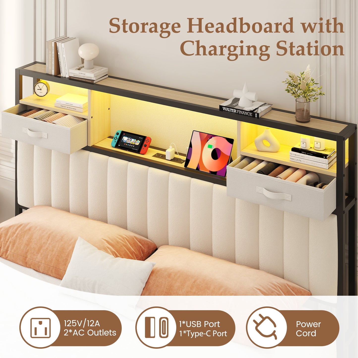 Queen Bed Frame with Storage, Upholstered Platform Bed with Headboard and 4 Drawers, LED Lights and Charging Station, Noise Free, No Box Spring Needed, Easy Assembly, Metal Support, Beige