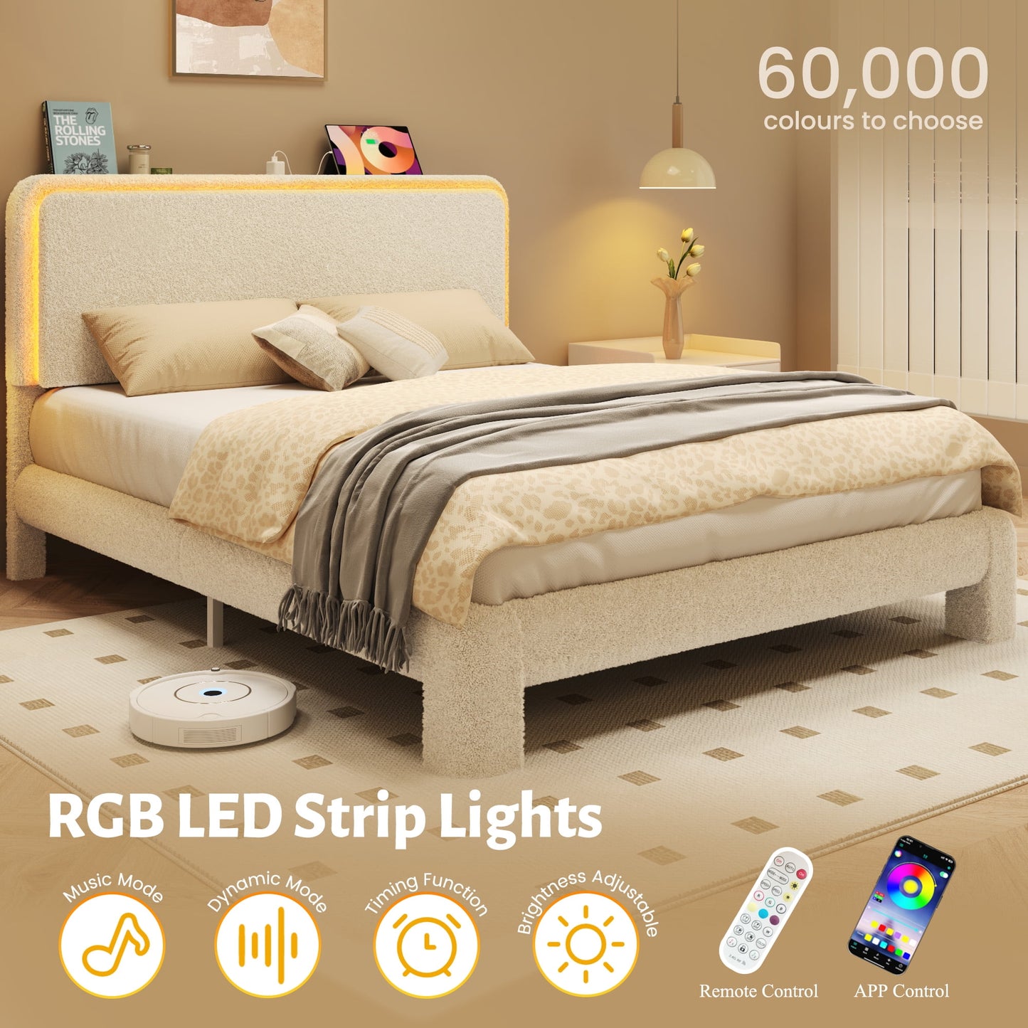 Fluest Queen Size Boucle Upholstered Bed Frame, Cloud Headboard, Built-in Charging Station & LED Lights, Beige, No Box Spring Needed