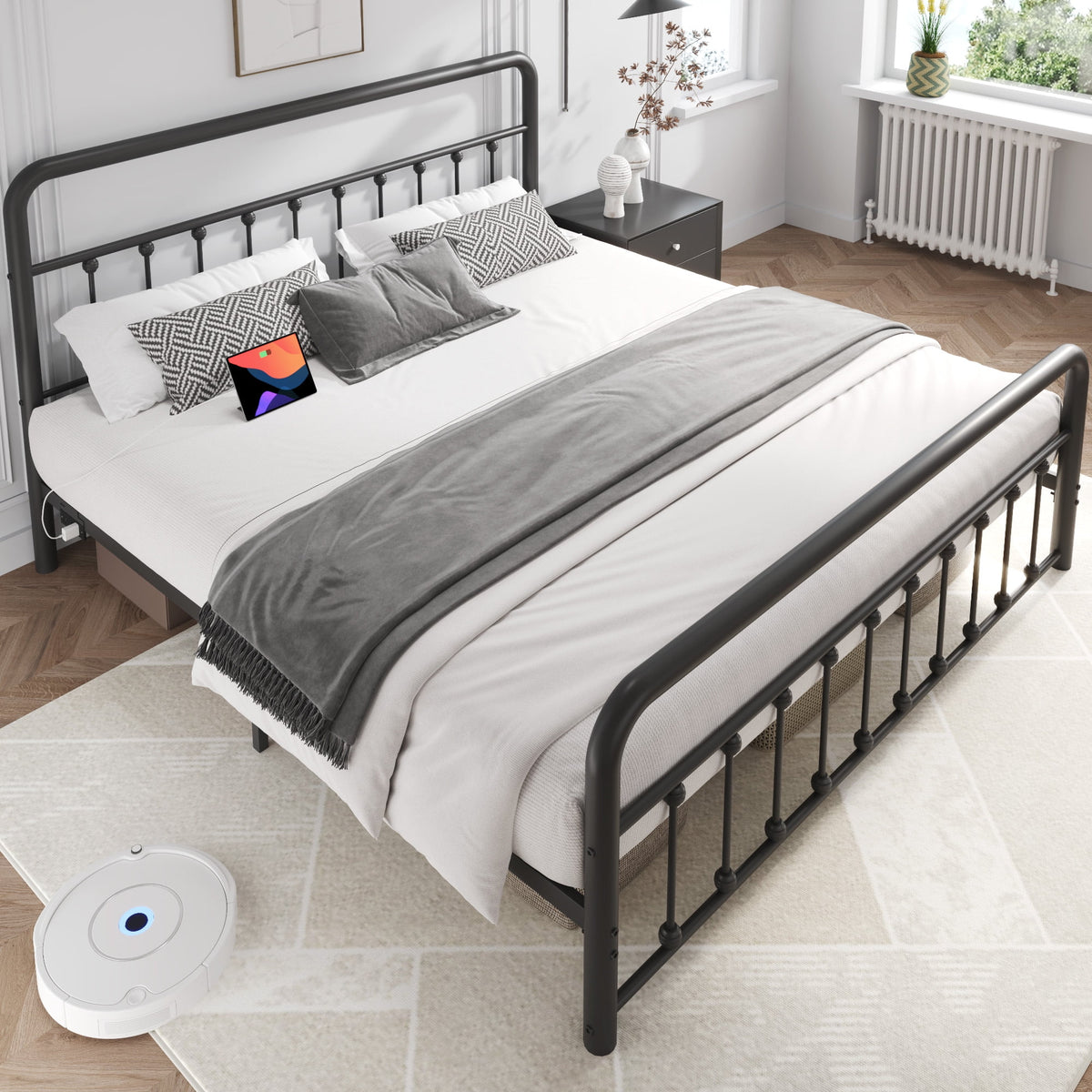 King Metal Platform Bed Frame, Classic Modern with Charging Station and LED Lights, No Box Spring Needed, Black