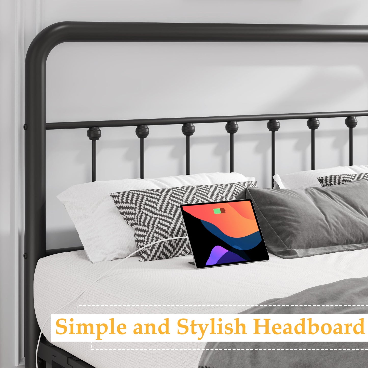Lifezone Queen Bed Frame, Classic Metal Platform Bed Frame, with Charging Station and LED, No Need for Springs, Black